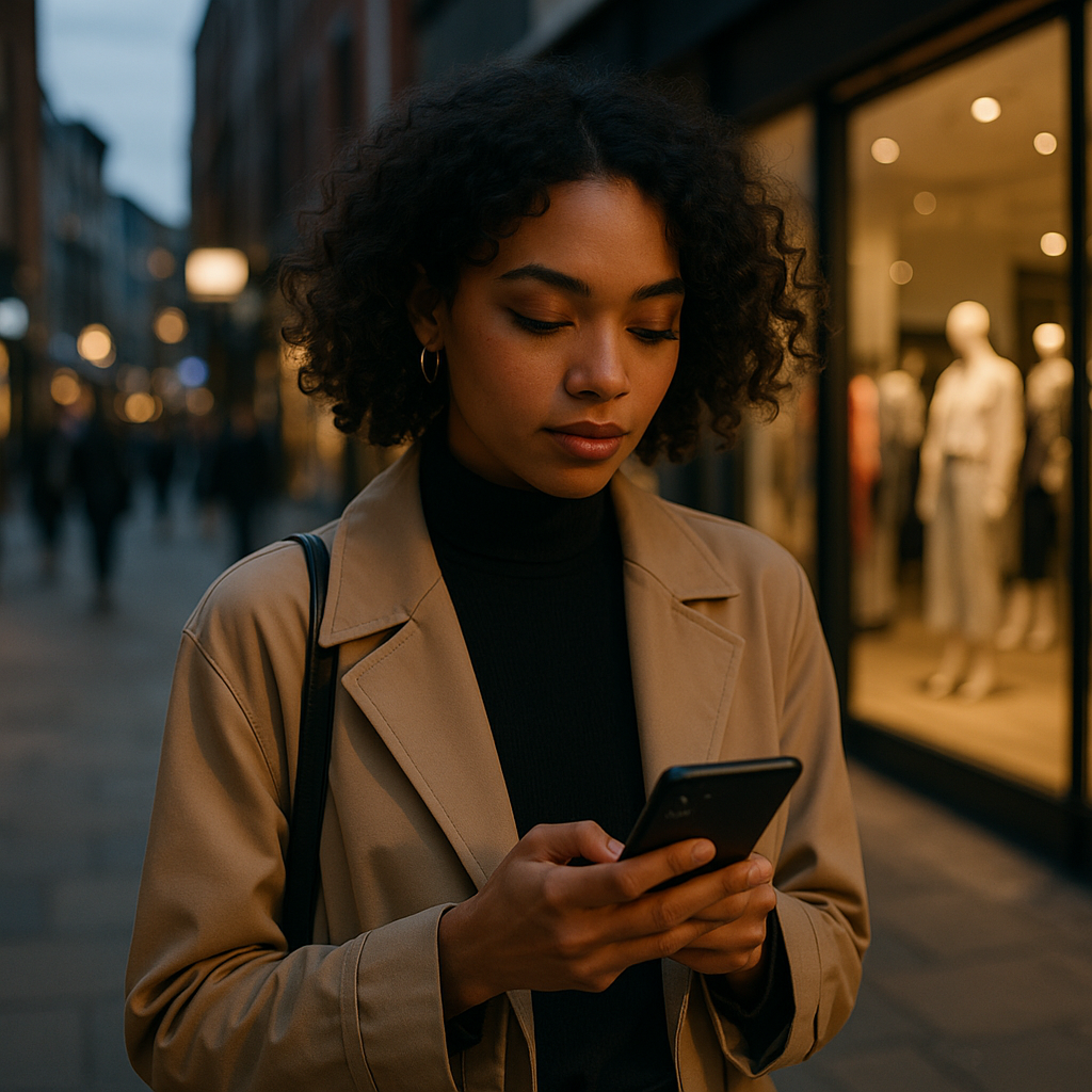 Woman using fashion event discovery apps on her phone in a busy city shopping street