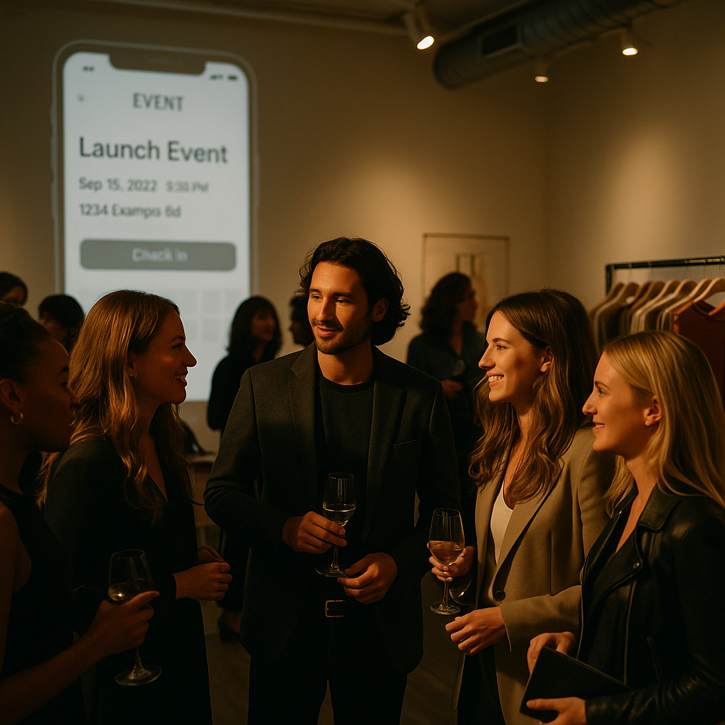 Boutique launch party promoted via fashion event discovery apps with stylish guests
