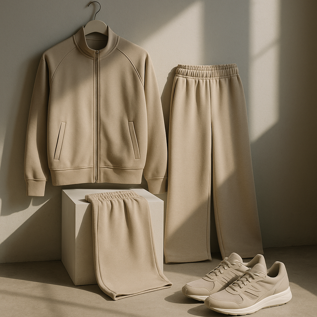 Flatlay of neutral track jacket, joggers and trainers arranged as a quiet luxury sportswear outfit