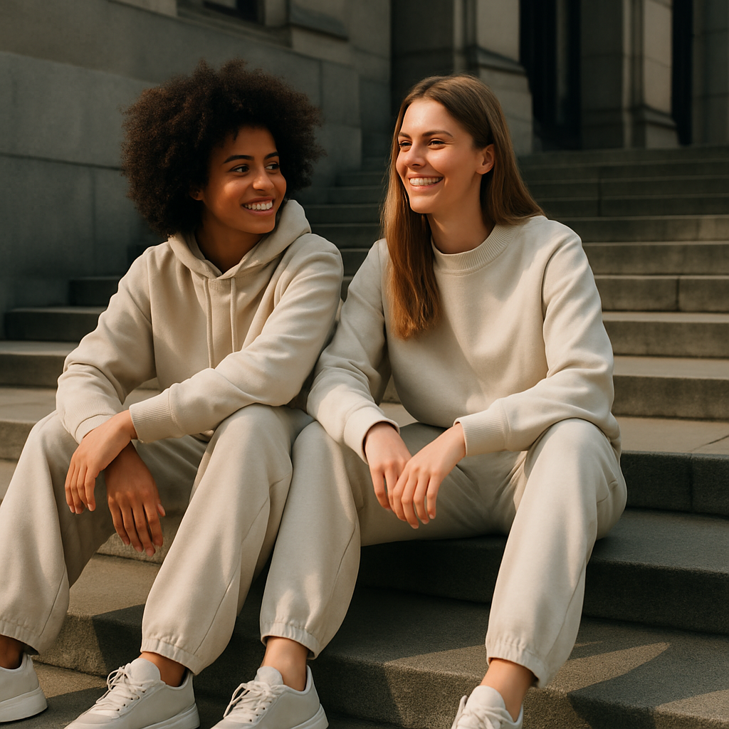 Friends in coordinated athleisure outfits showing how to style quiet luxury sportswear