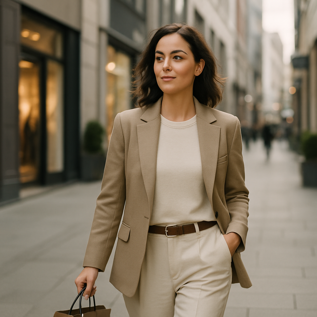 Confident shopper expressing financial wellness and fashion through a considered outfit
