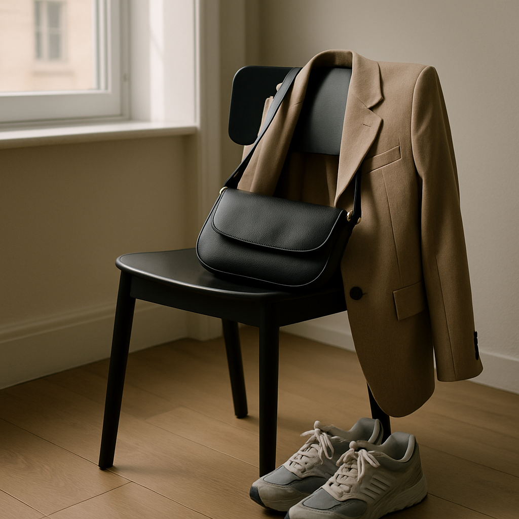 Modern outfit flatlay mixing sporty trainers and blazer with quiet luxury bags