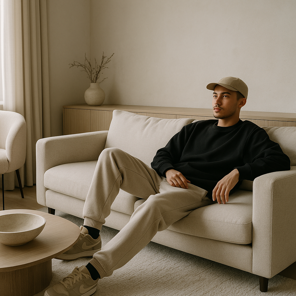 Modern living room with a relaxed person dressed in quiet luxury streetwear matching the clean decor