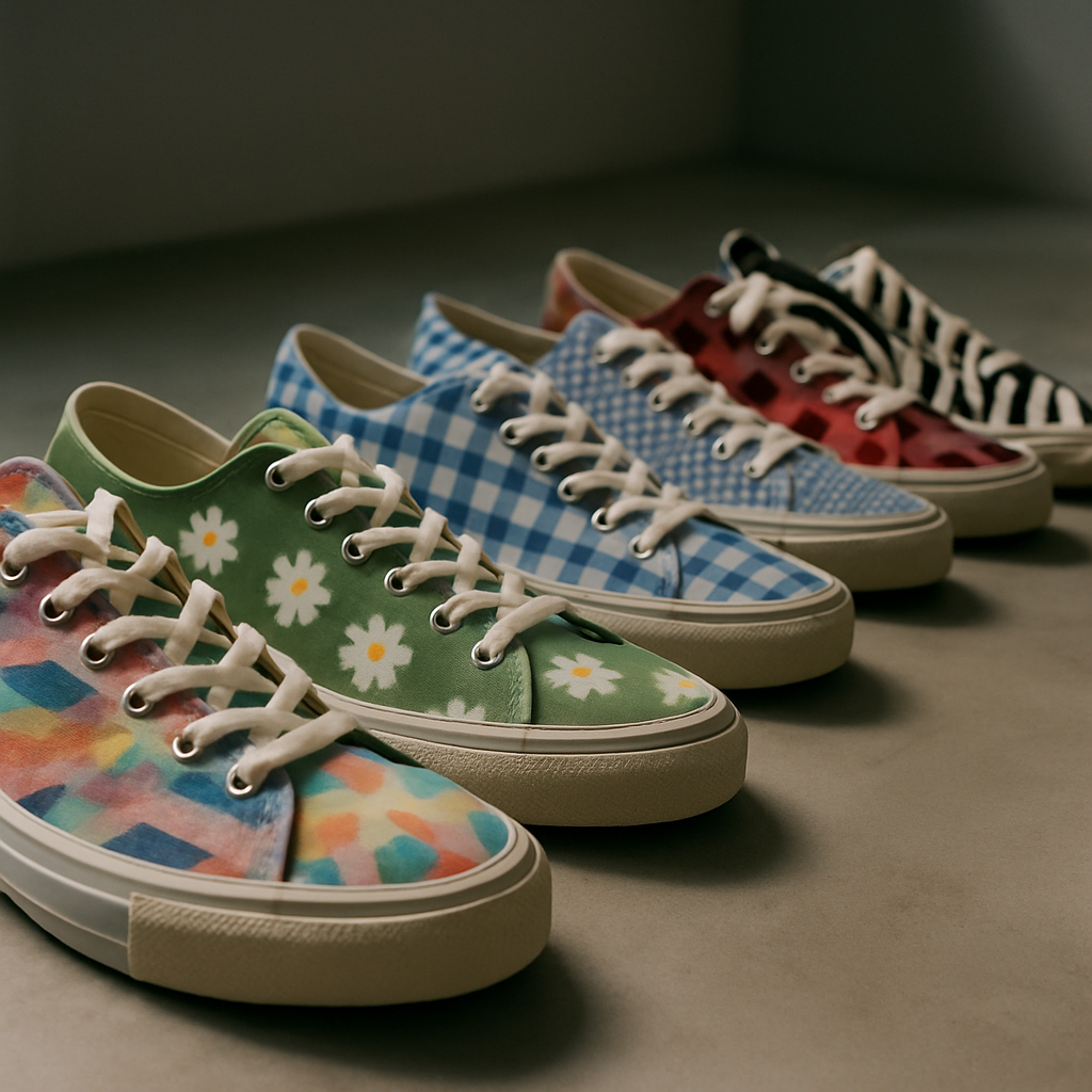 Lineup of different custom printed sneakers displayed in a clean studio environment