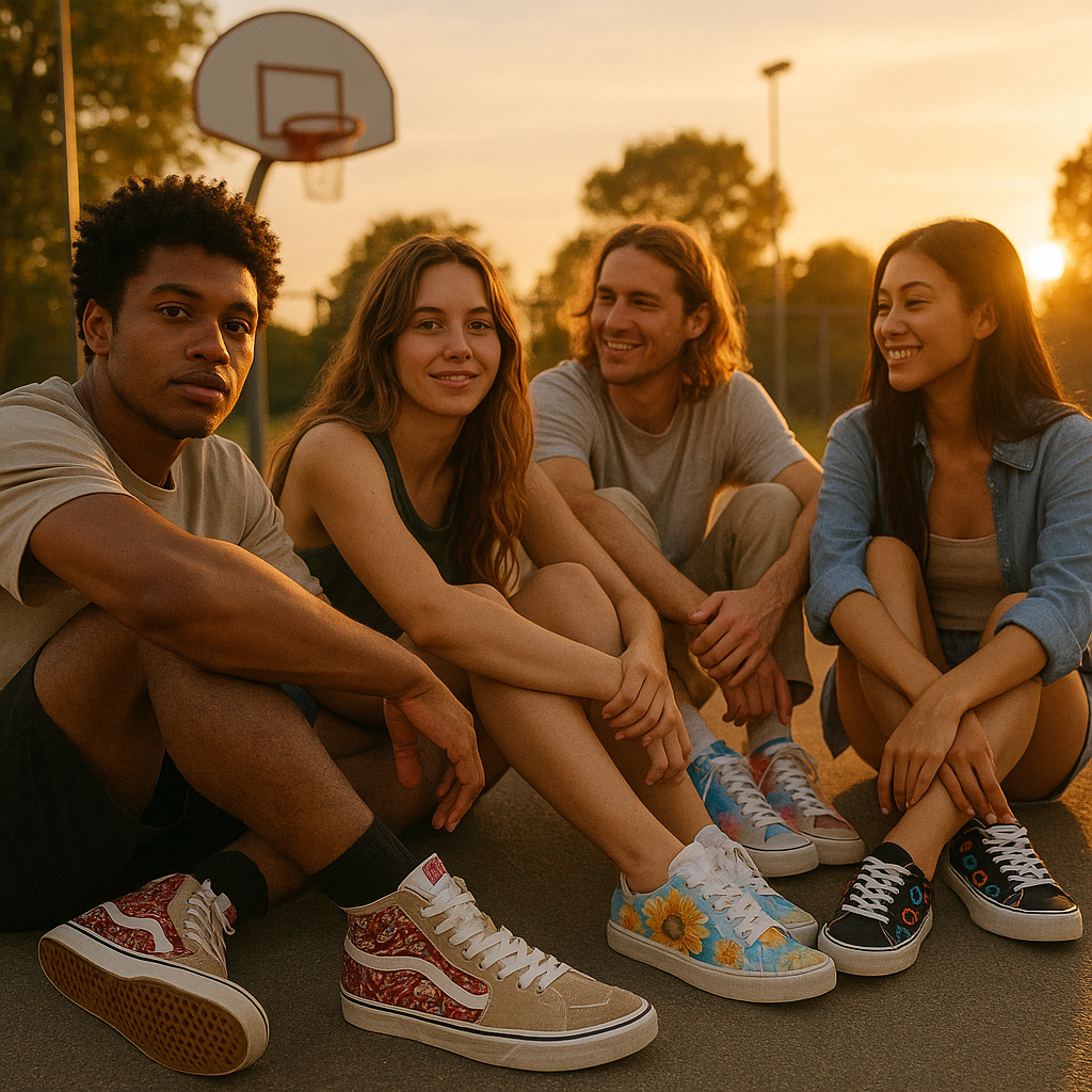 Friends on a court wearing unique custom printed sneakers as part of casual streetwear looks