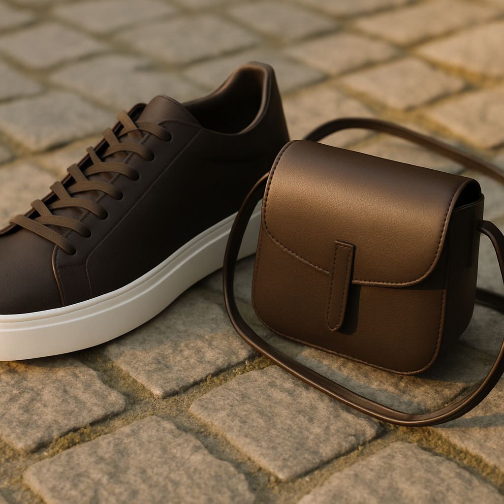 Close-up of stylish minimal leather trainers and a structured crossbody bag on cobblestones
