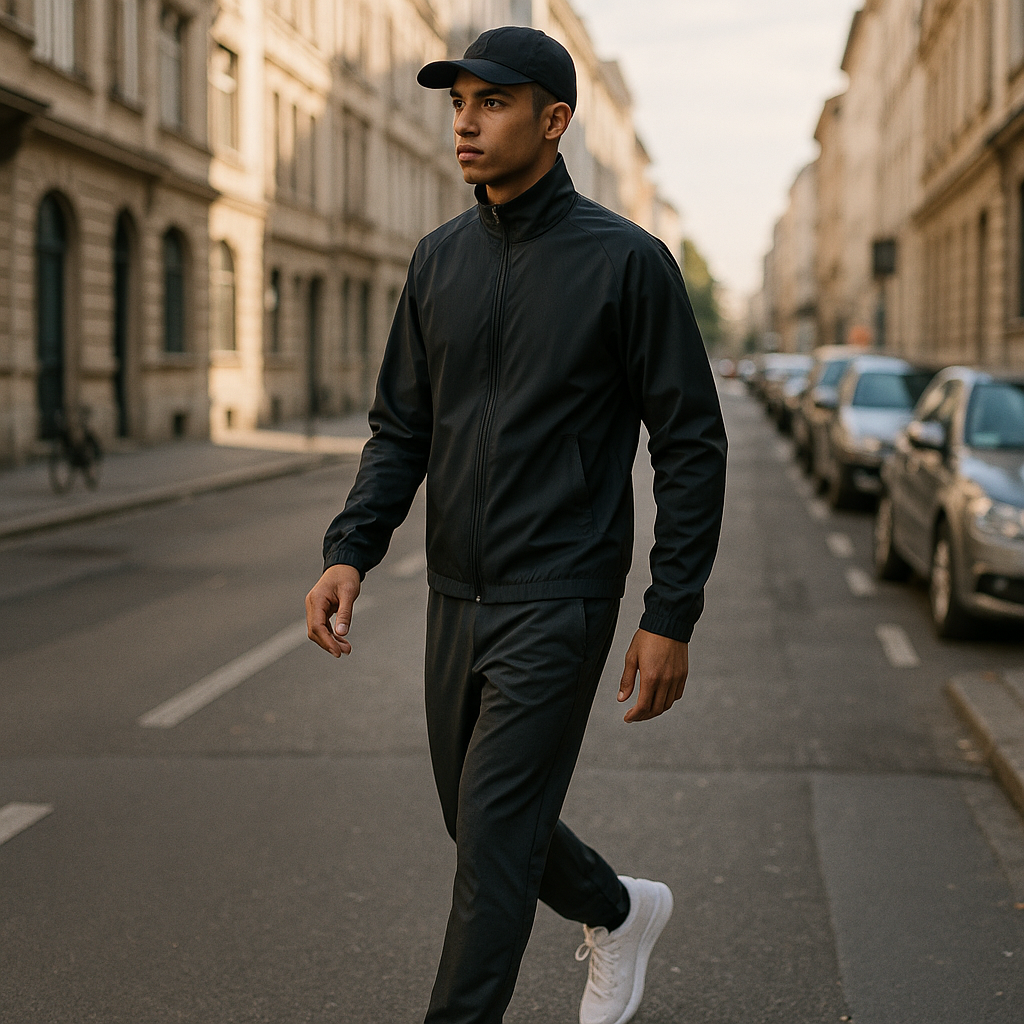 Urban outfit styled in modern sporty streetwear with clean trainers and track jacket