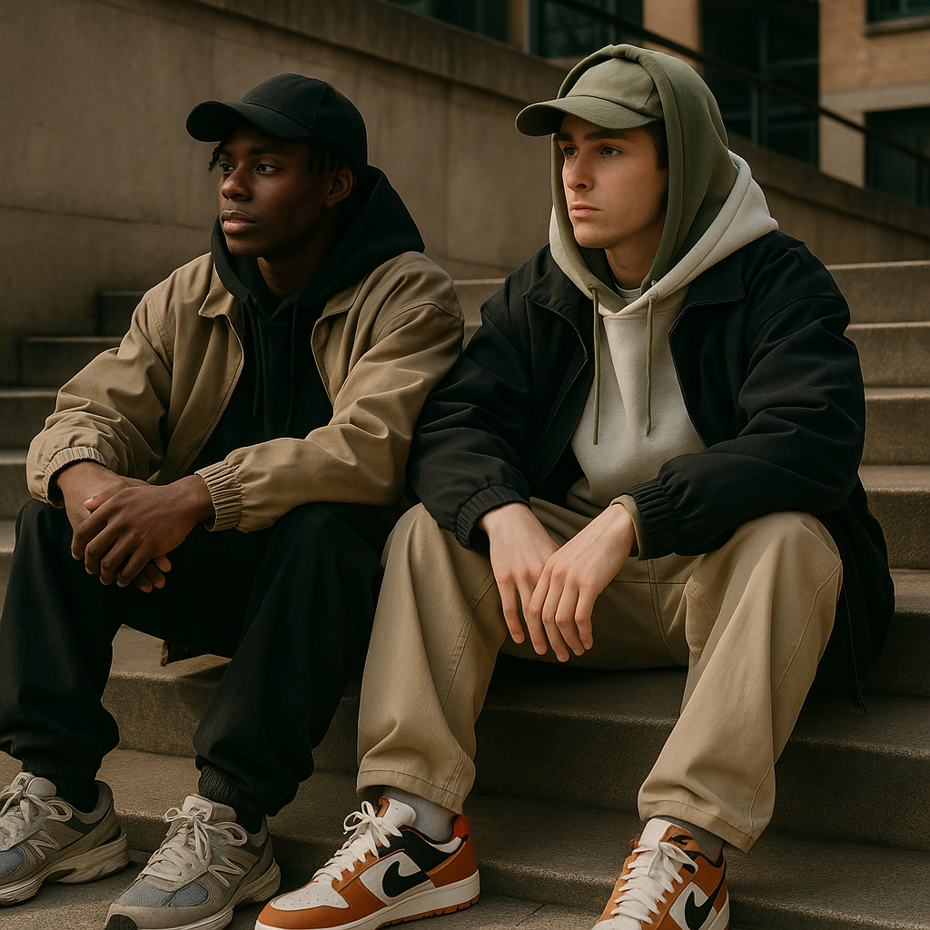 Friends in coordinated sporty streetwear outfits sitting on city steps