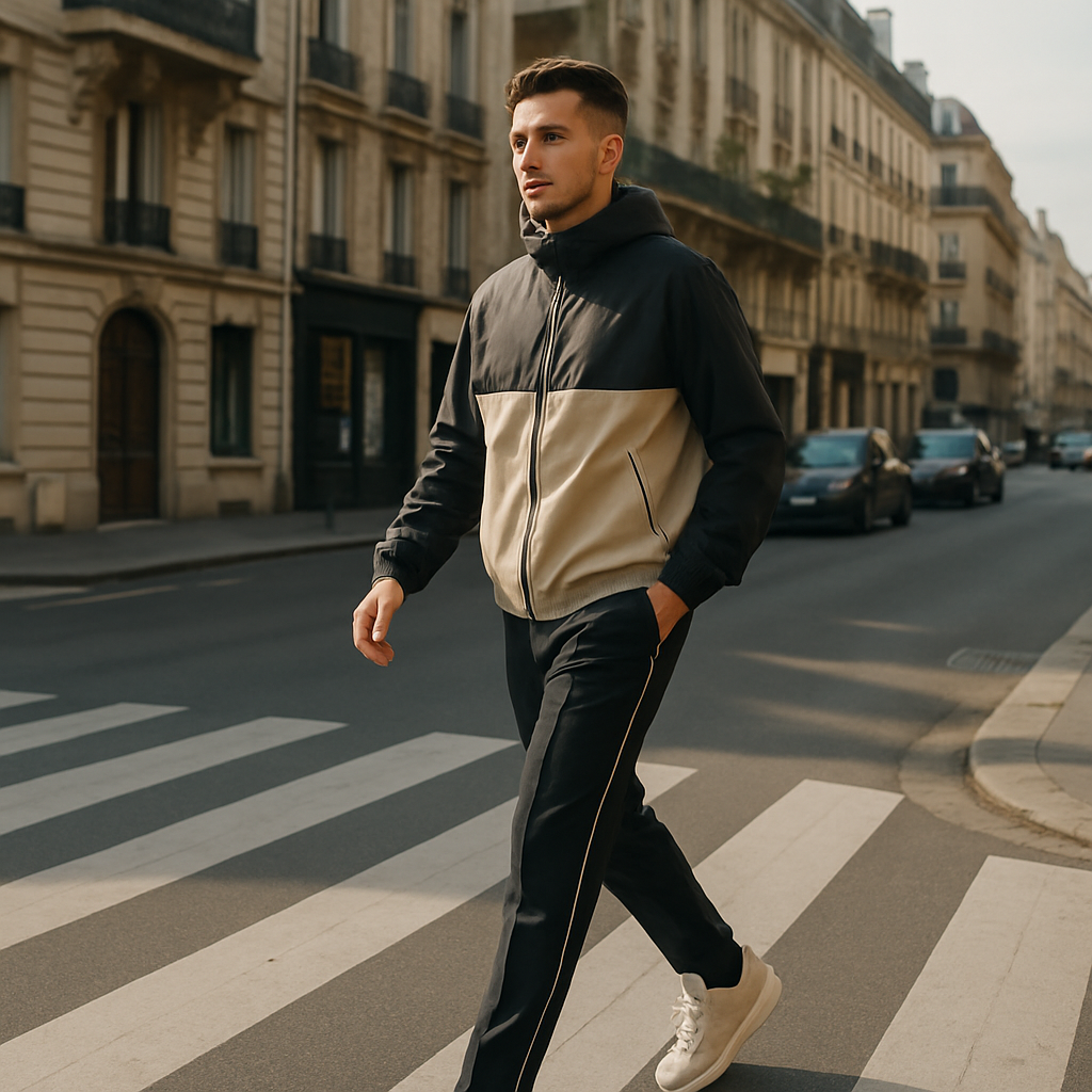 Person crossing the street in elevated sporty streetwear with tailored track pants and windbreaker