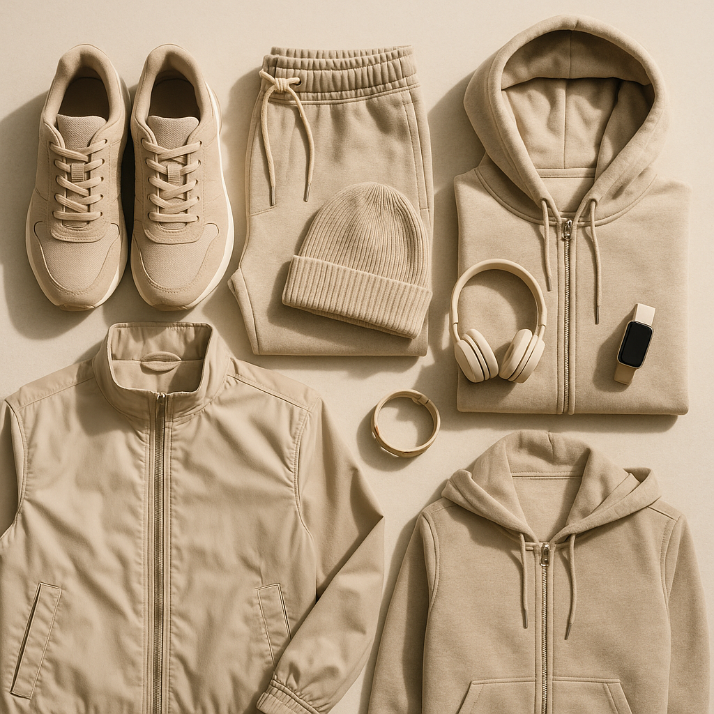 Flat lay of coordinated neutral sportswear pieces forming a sporty capsule wardrobe