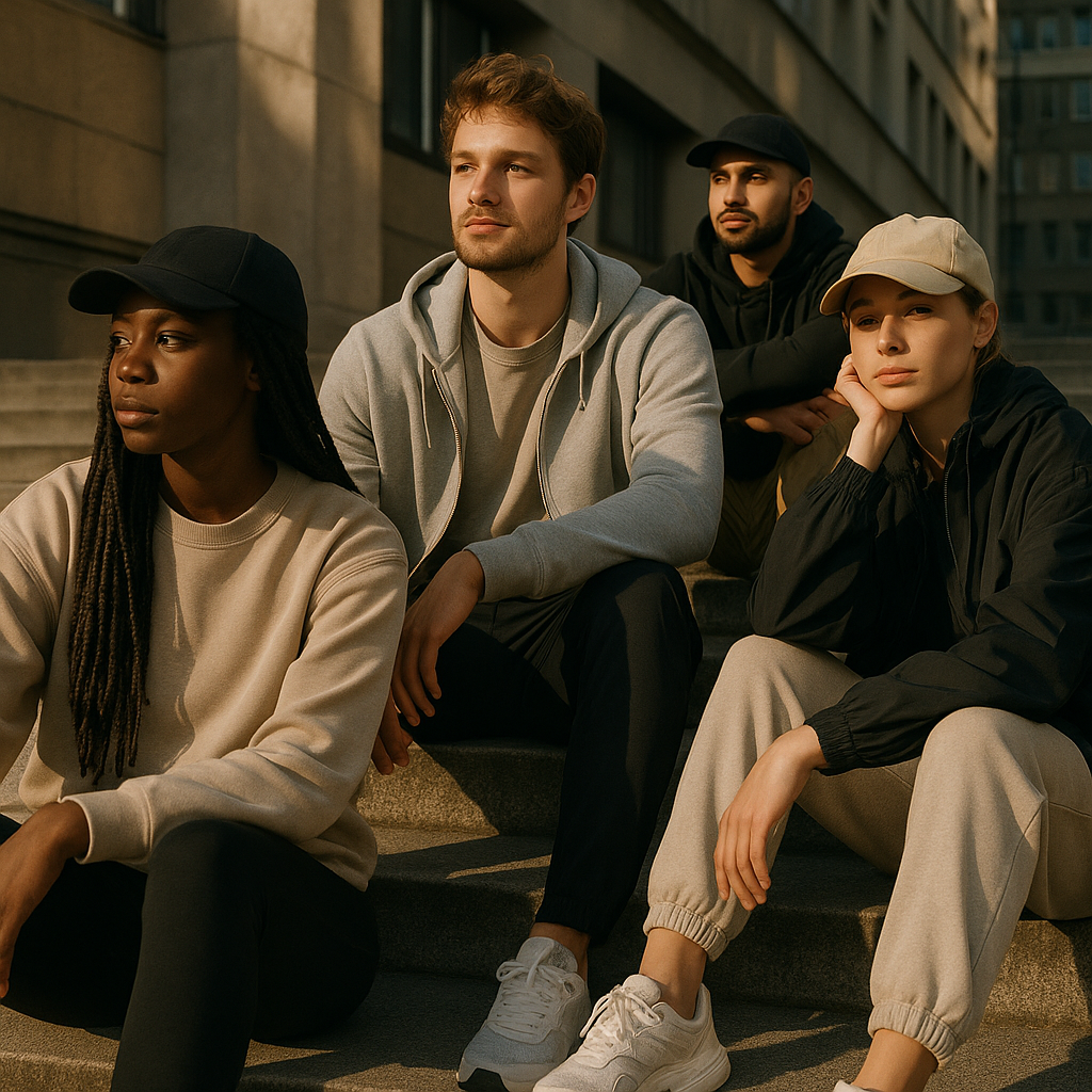 Group of friends in athleisure outfits that look like a sporty capsule wardrobe