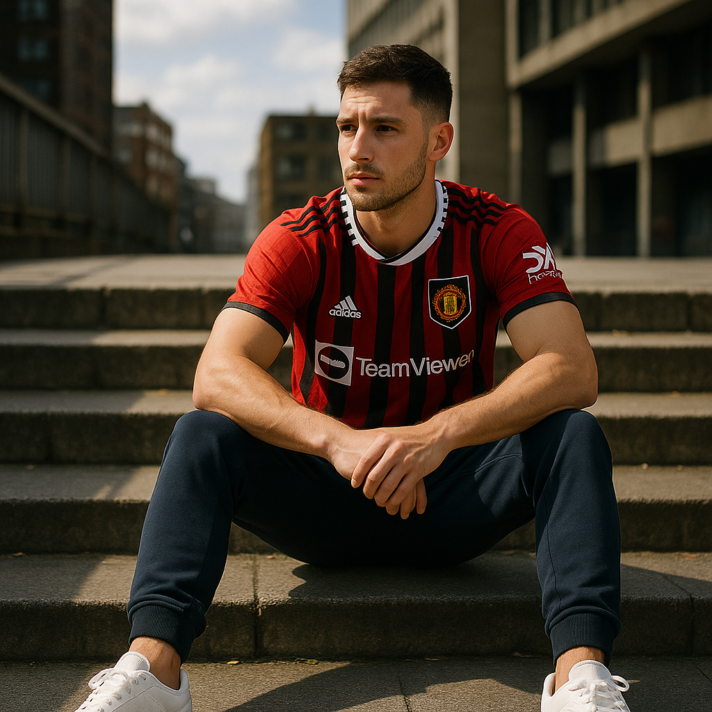 Man in football shirt, joggers and trainers styled as sporty streetwear in an urban setting