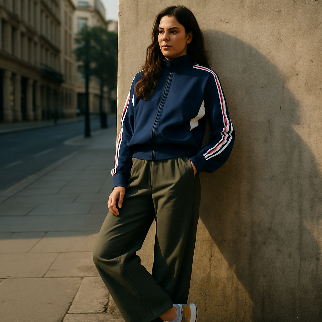 Woman in track jacket and retro trainers showing sporty streetwear style