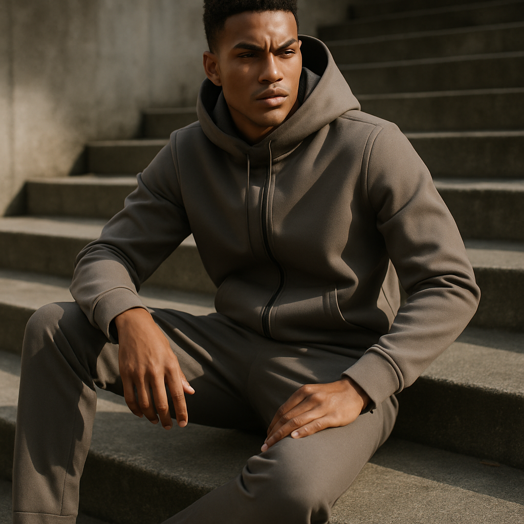 Close up of a relaxed outfit showcasing tailored joggers and trainers in sport luxe streetwear