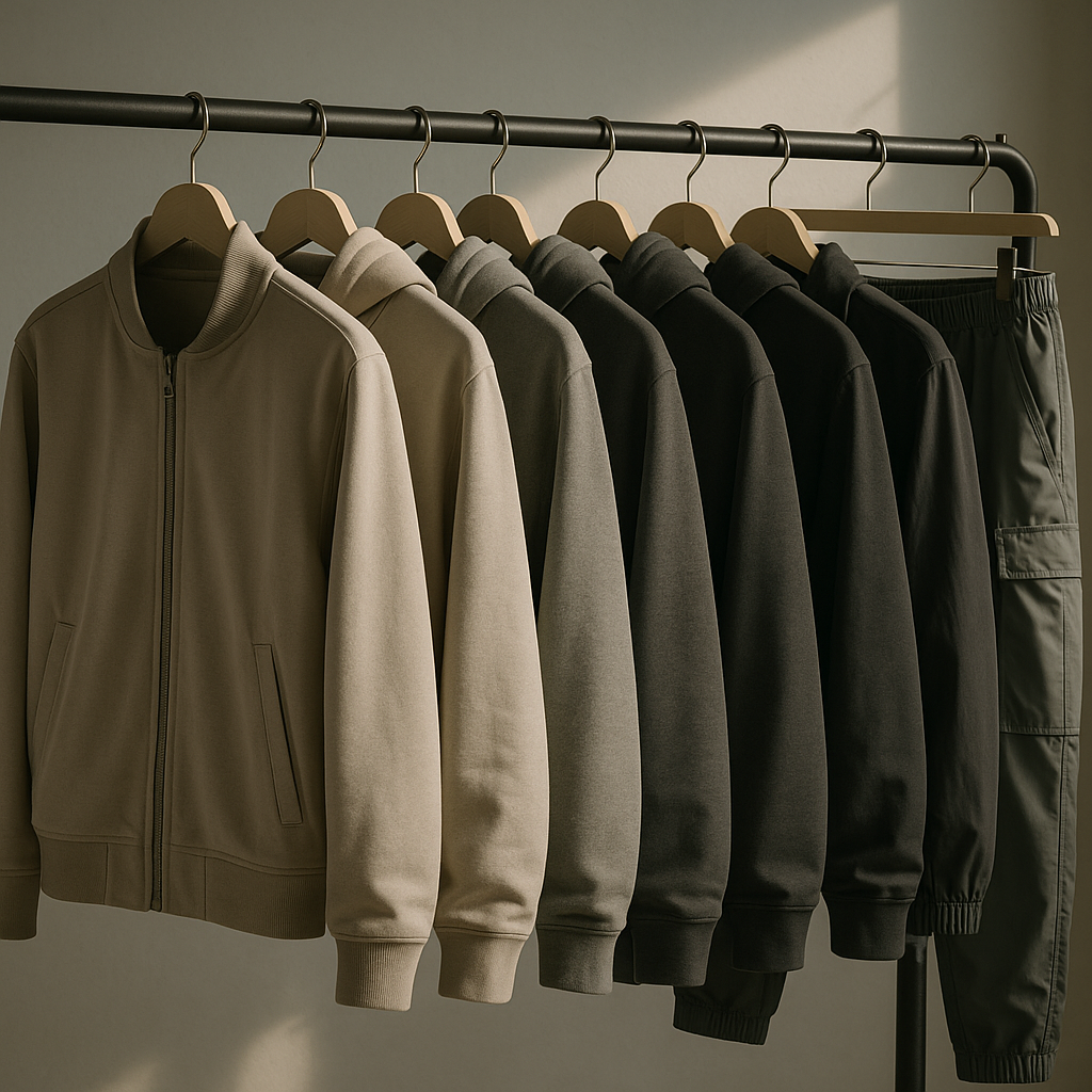 Minimalist clothing rail with neutral athletic pieces styled for sport luxe streetwear