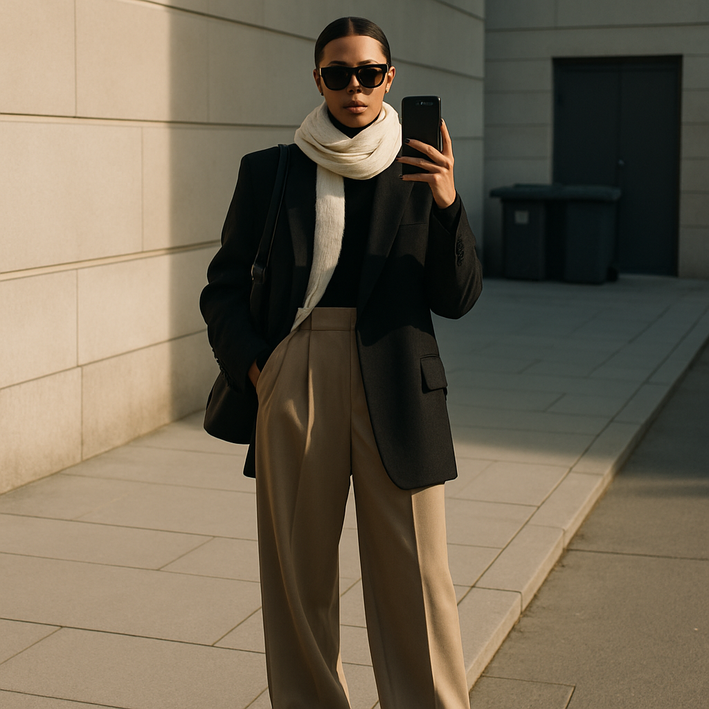 Street style outfit photo shot against a clean backdrop that shows evolving street cleanliness culture