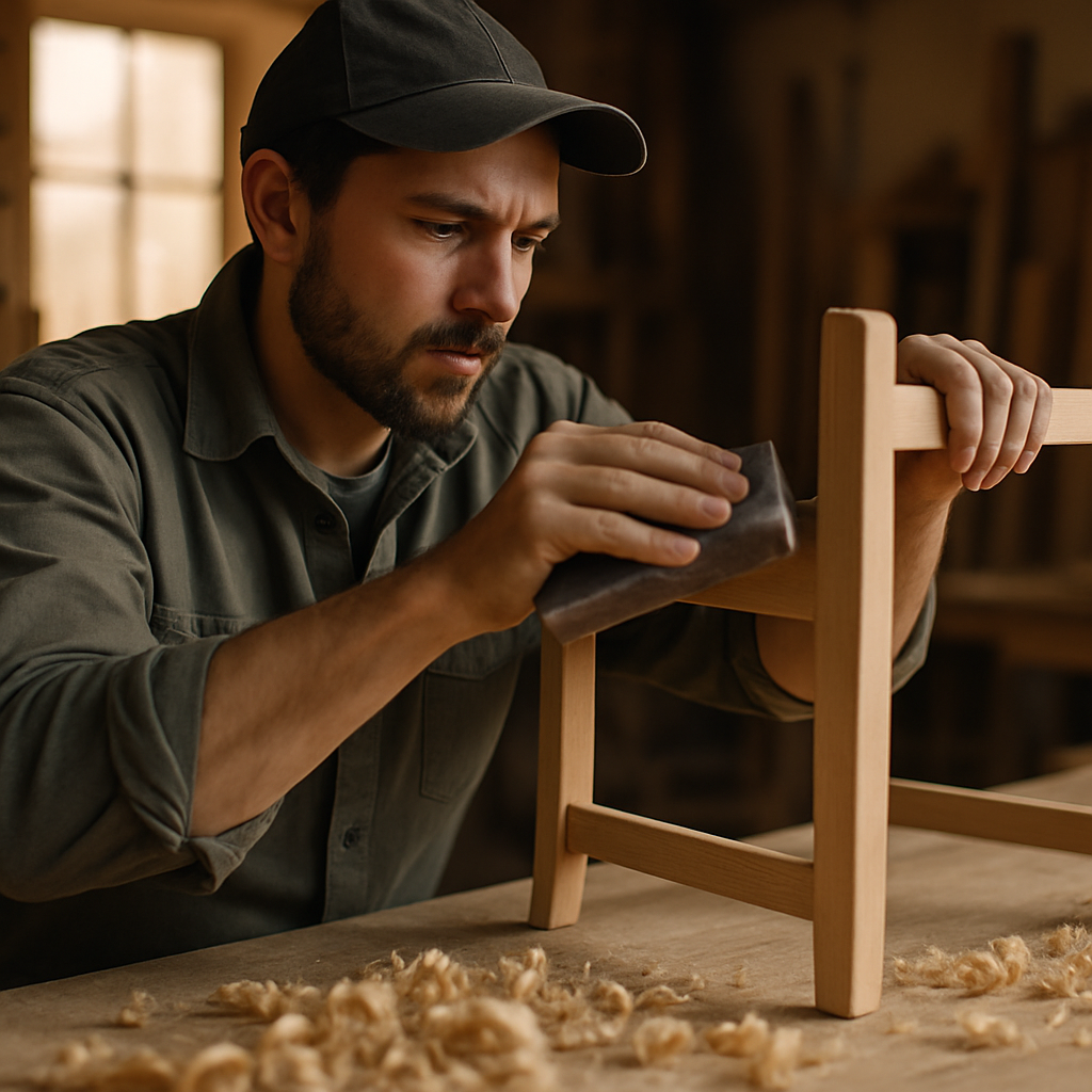 Craftsperson finishing a piece of handmade furniture in a naturally lit workshop