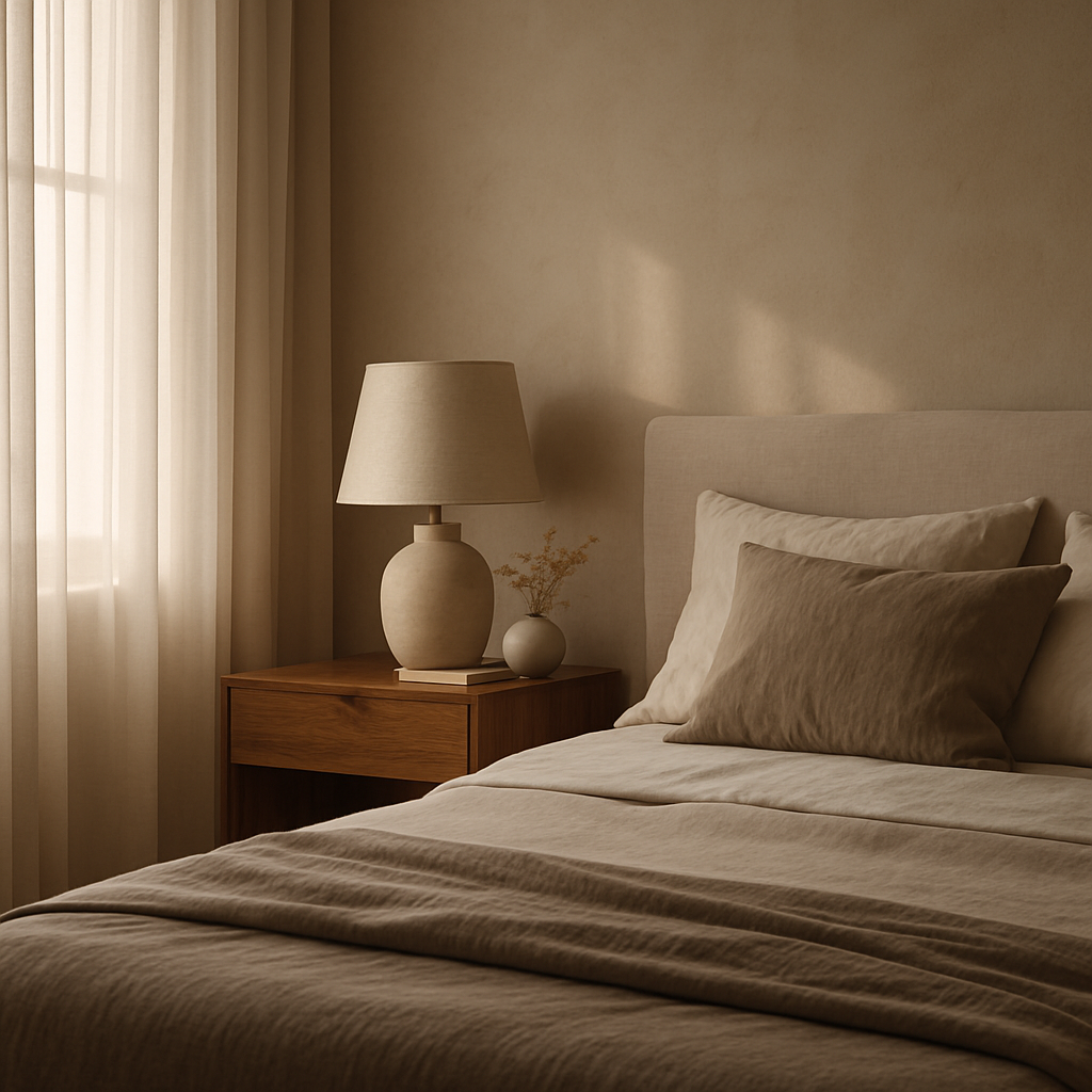 Minimalist bedroom interior featuring handmade furniture with a walnut bedside table
