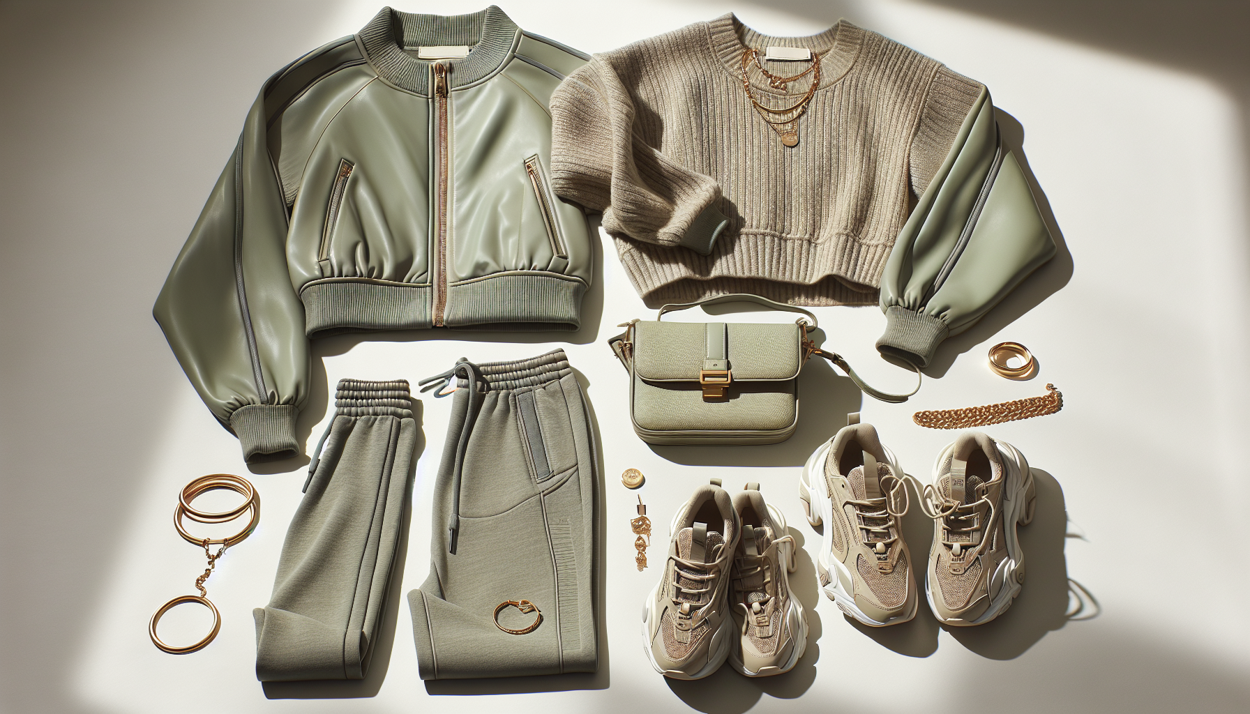Flat lay detail of athleisure as fashion outfit with leggings, track jacket, trainers and accessories