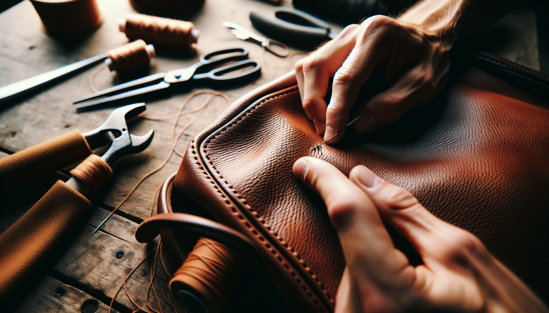 Close-up of hand-stitching detail on handmade accessories showing craftsmanship