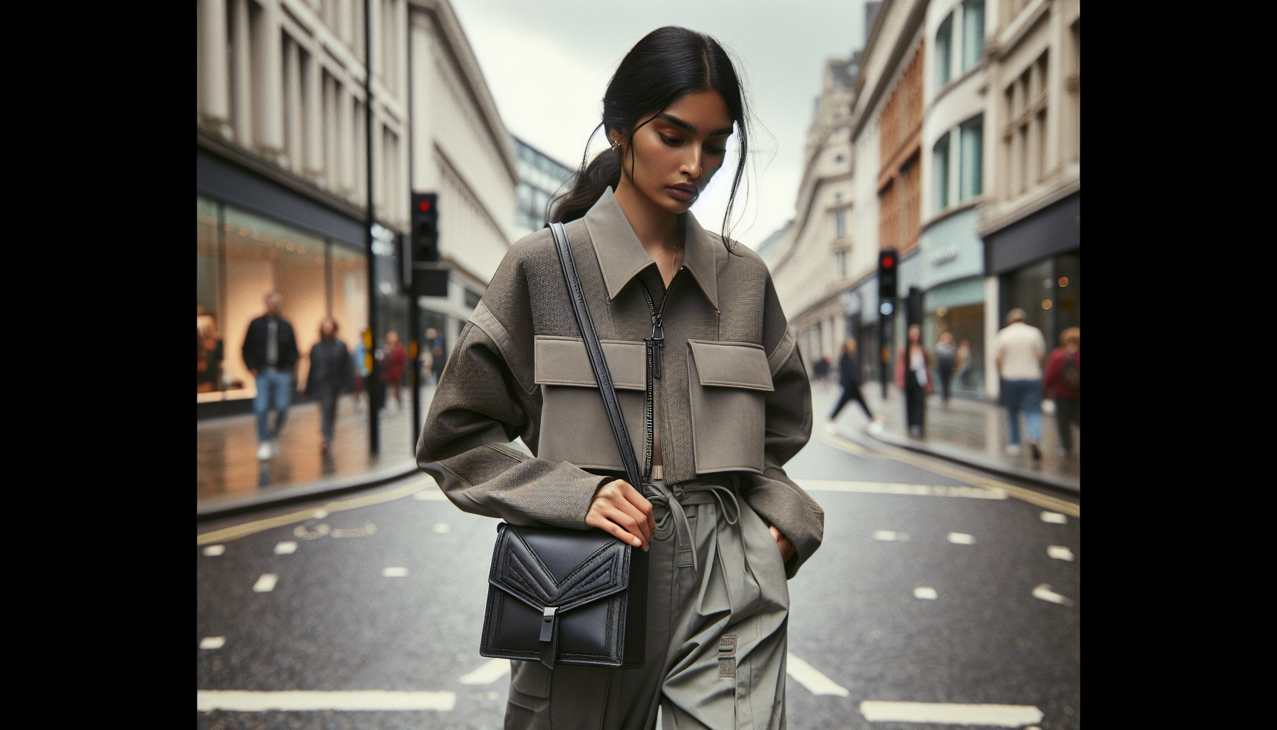Woman styling handmade accessories on a UK high street in a modern fashion look