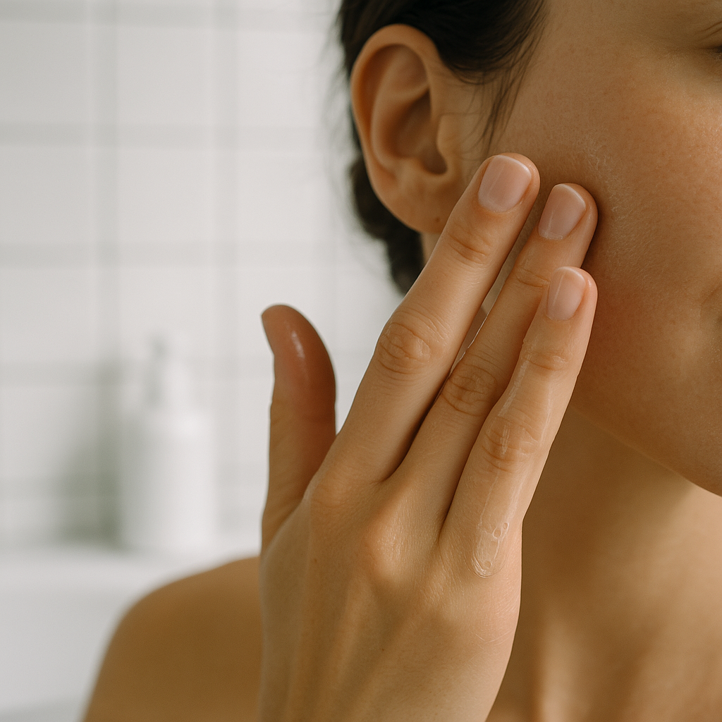 Close-up of serum application as part of a skin cycling routine guide on clean skin