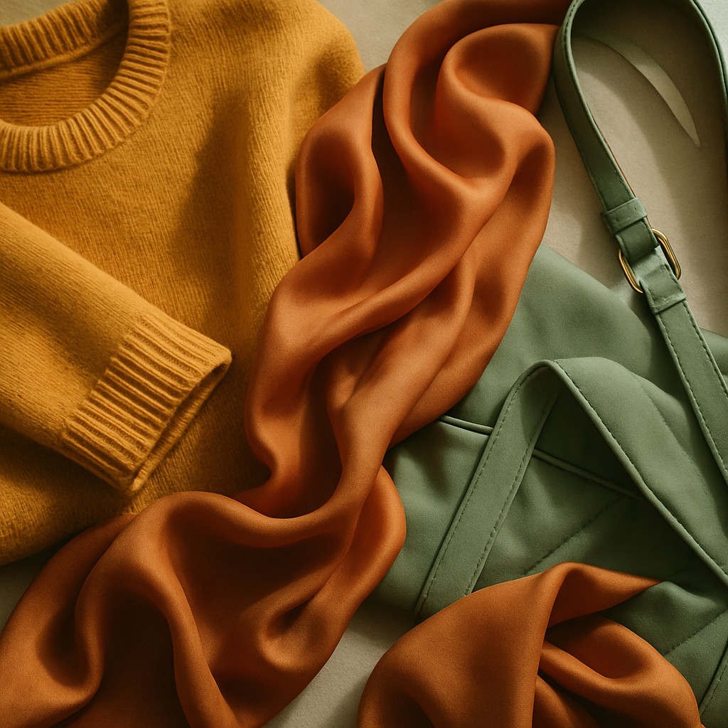 Colourful clothing flat lay representing dopamine dressing mental wellbeing colour choices