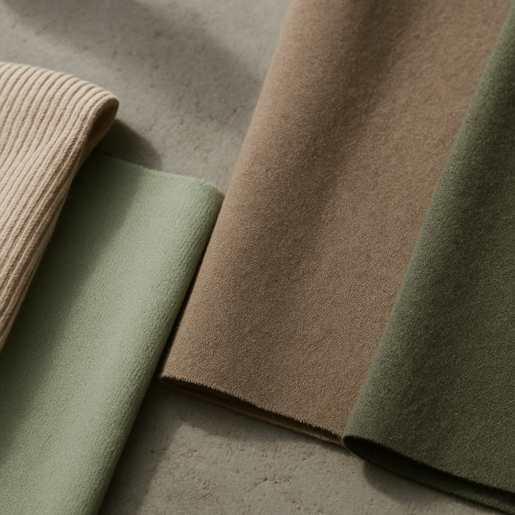 Detailed close-up of sustainable fashion brands fabric textures in organic cotton and recycled materials