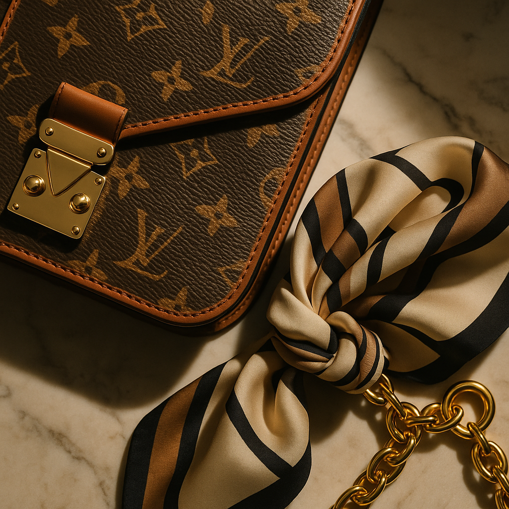 Close-up detail of authenticated vintage luxury designer pieces including monogram bag and gold hardware