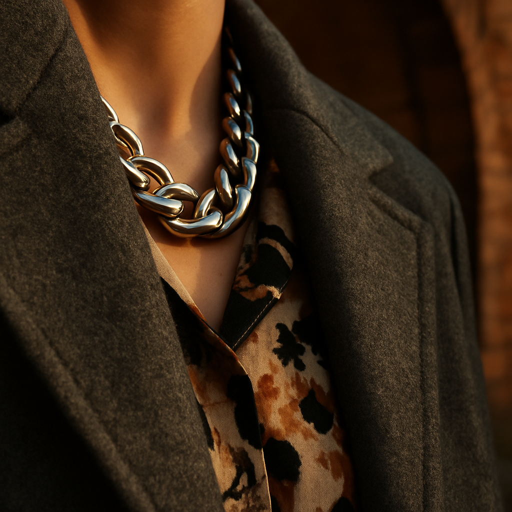Close-up fashion detail shot illustrating the bold layering style characteristic of UK regional fashion scenes 2026