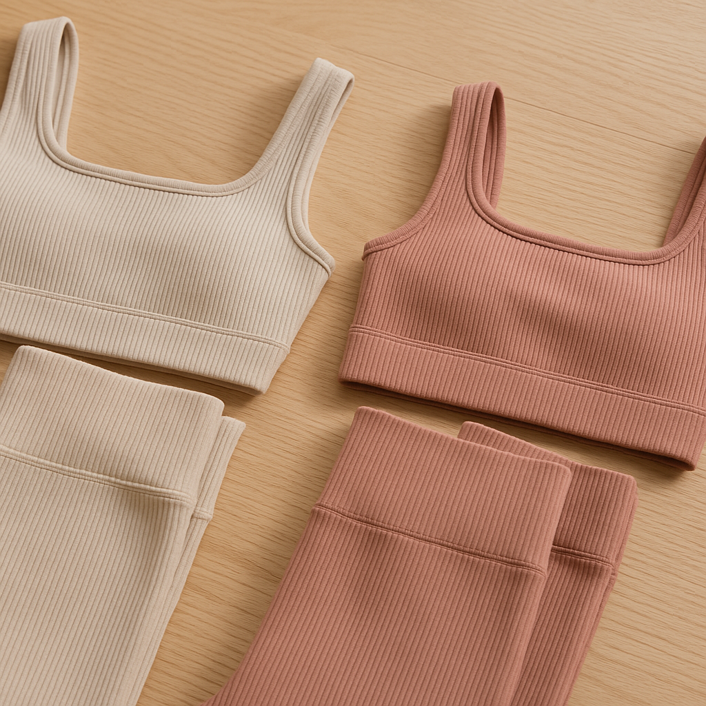 Close-up of neutral toned pilates studio fashion activewear in oat and dusty rose tones