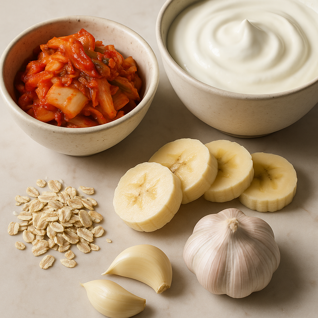 Close-up of probiotic-rich foods supporting gut health and glowing skin on a marble surface