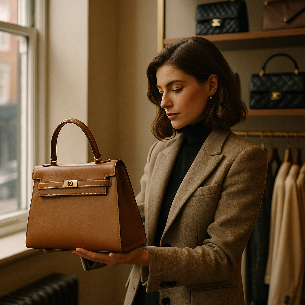 Stylish woman examining a pre-loved designer handbag when buying vintage luxury designer pieces in London boutique