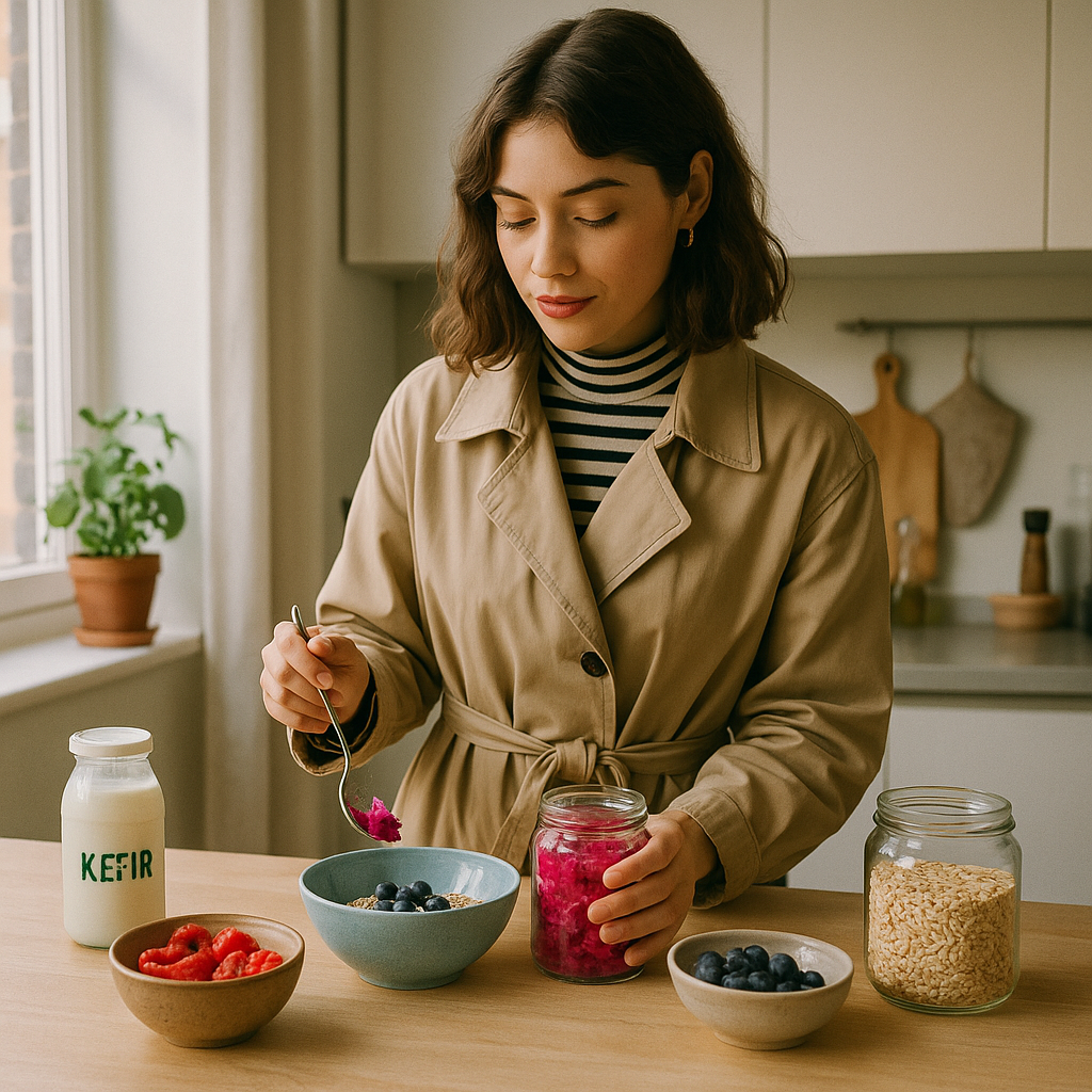 Stylish woman preparing fermented foods and colourful ingredients to support gut health and glowing skin