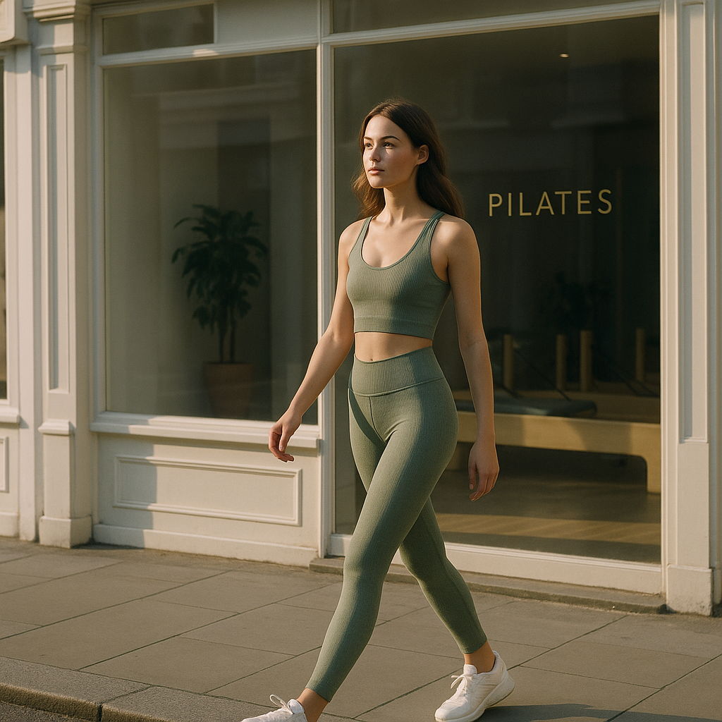 Woman in pilates studio fashion walking past a boutique pilates studio in Notting Hill London