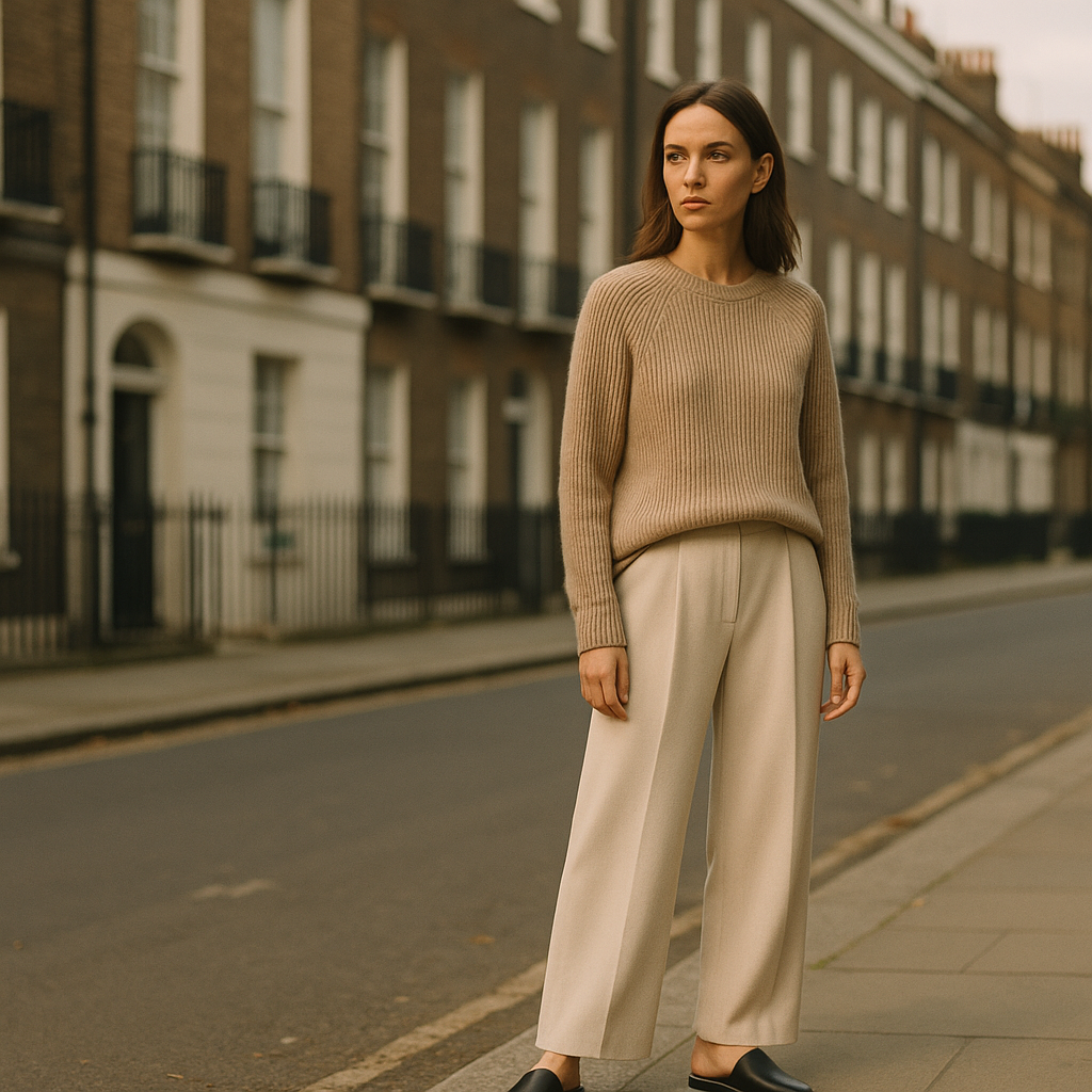 British woman wearing cashmere and wide-leg trousers embodying the soft life fashion trend UK style