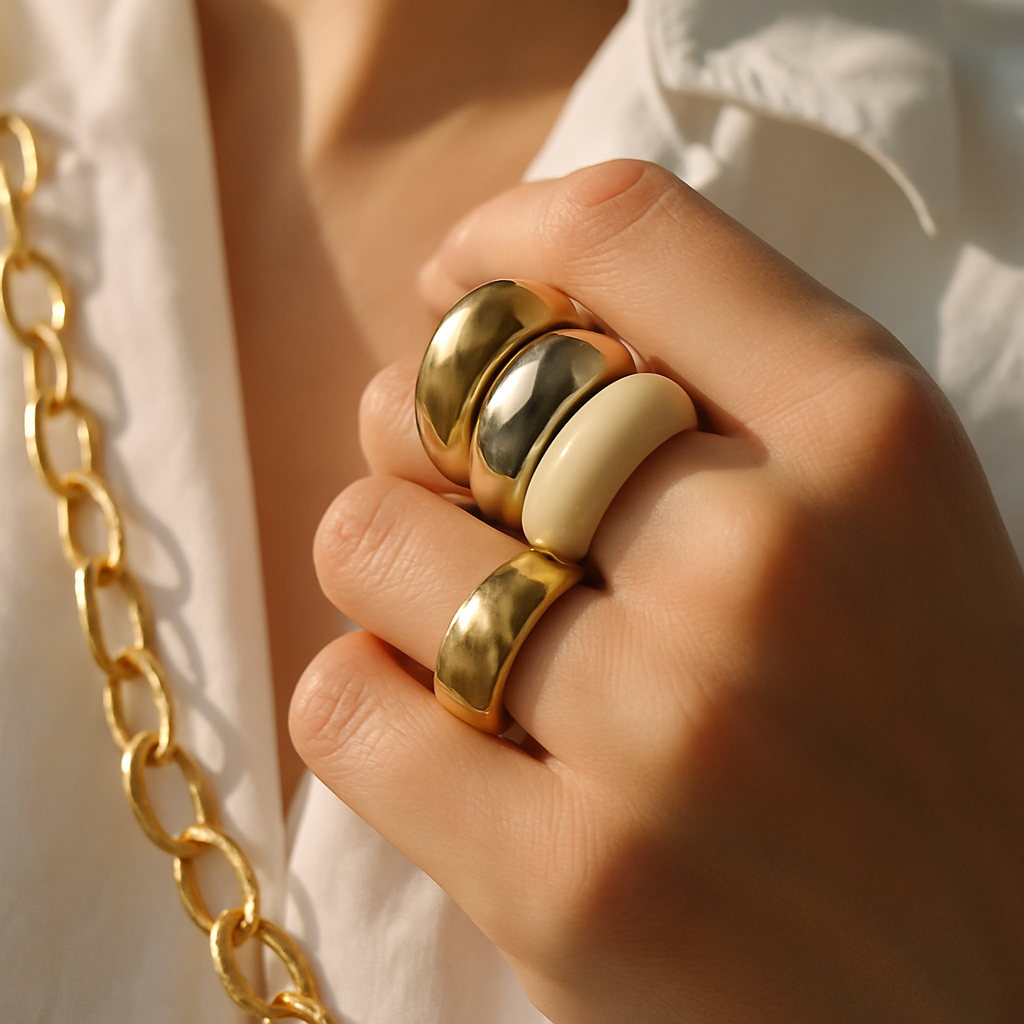 Close-up of bold statement jewellery including stacked chunky rings and layered gold chain necklace