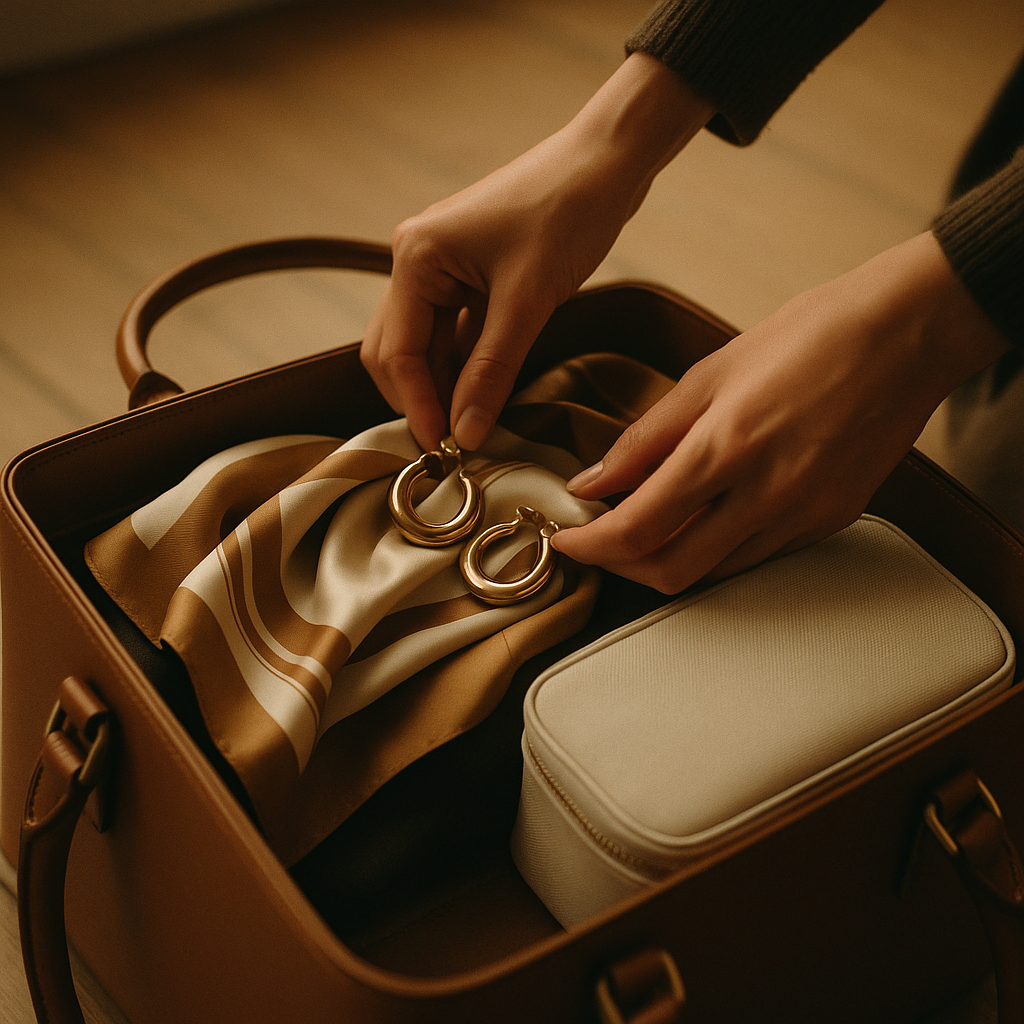 Close-up of stylish travel packing essentials including silk scarf and skincare pouch in a leather carry-on