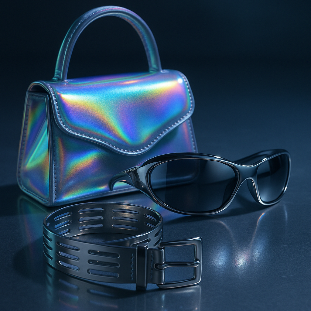Close-up of Y3K fashion accessories including holographic bag and chrome sunglasses representing the Y3K fashion trend 2026