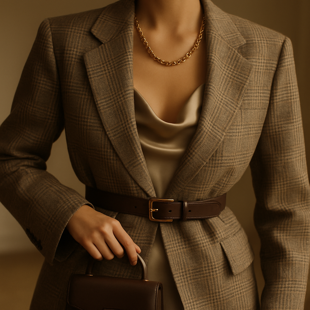 Detail shot showing how to style oversized blazers with a belt and gold chain accessory