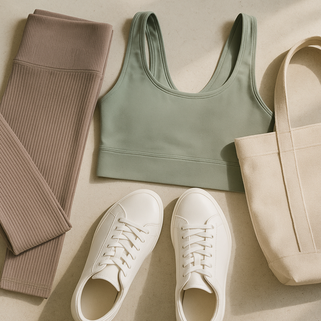 Key pieces for the pilates aesthetic activewear look laid flat on a pale concrete surface