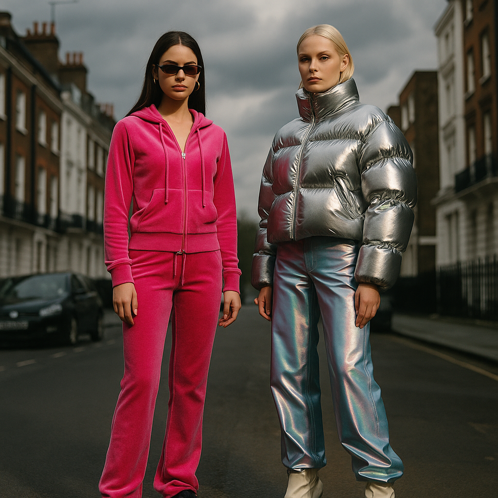 Two models contrasting Y2K and Y3K fashion trends on a London street, illustrating the Y3K fashion trend 2026