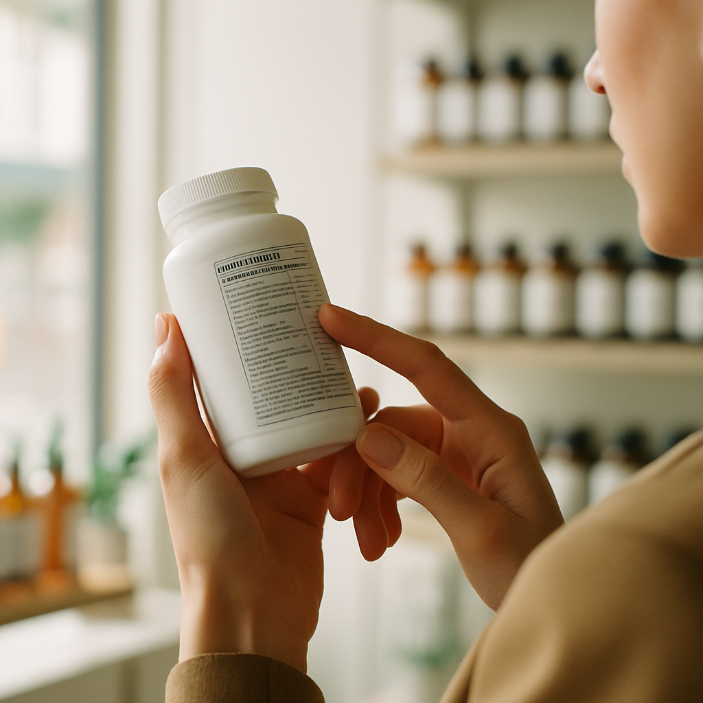 Woman reading wellness supplement UK label in a minimalist health shop, checking ingredients carefully