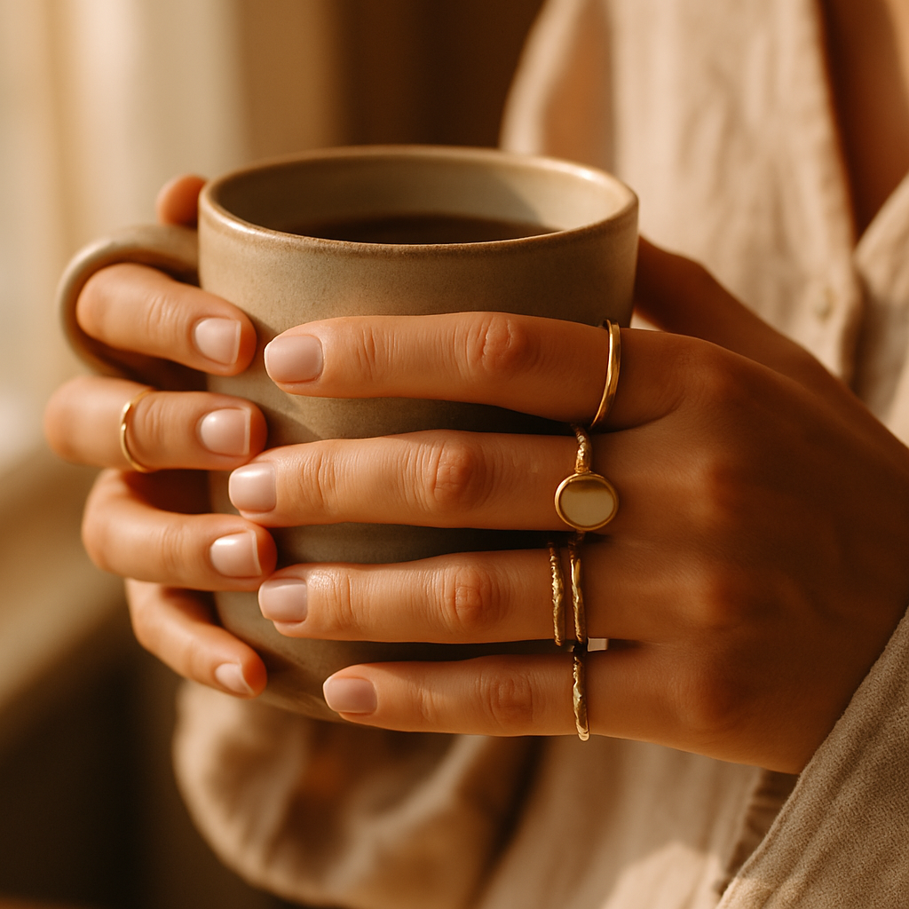 Detail shot capturing the considered style and wellness women over 40 UK 2026 aesthetic through jewellery and texture