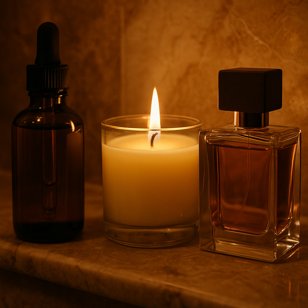 Fragrance wellness products including body oil, candle and eau de parfum on marble shelf