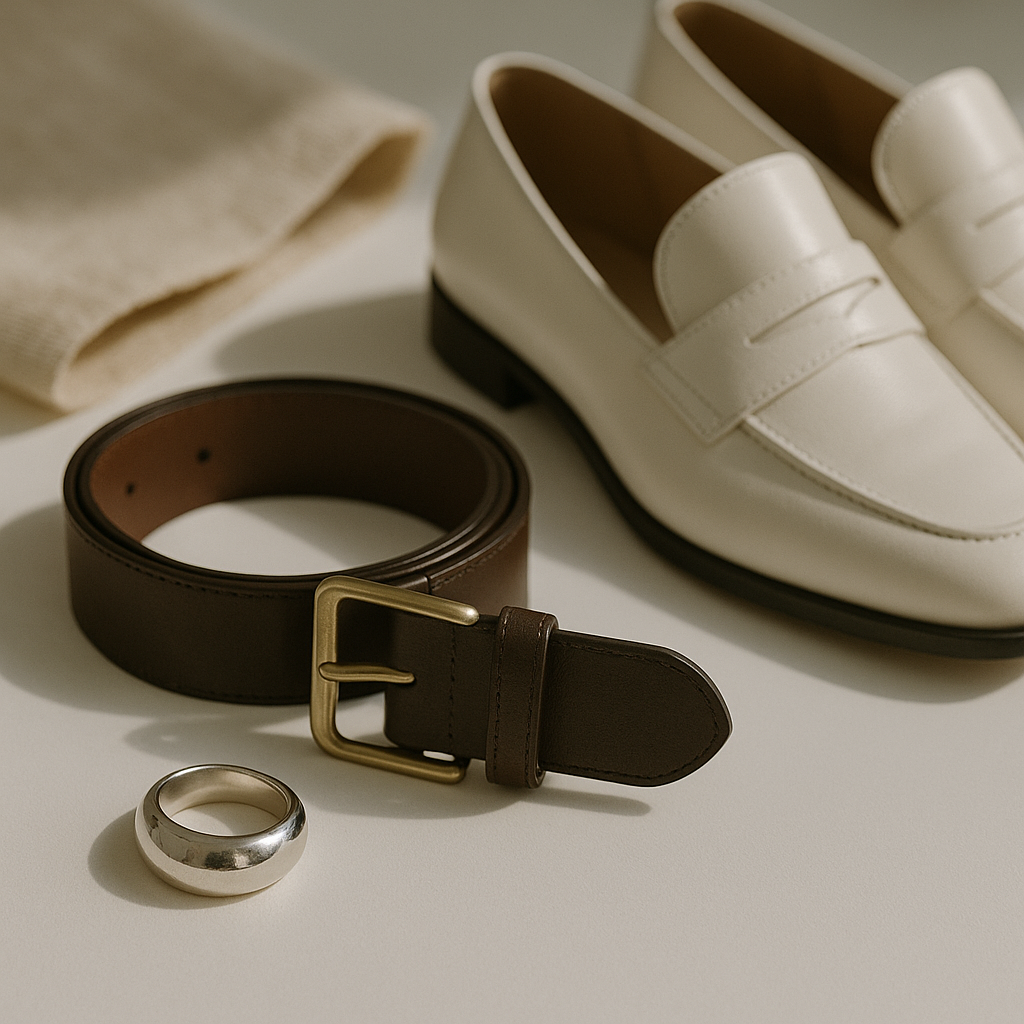 Degree show outfit ideas UK accessories detail including jewellery, belt and shoes